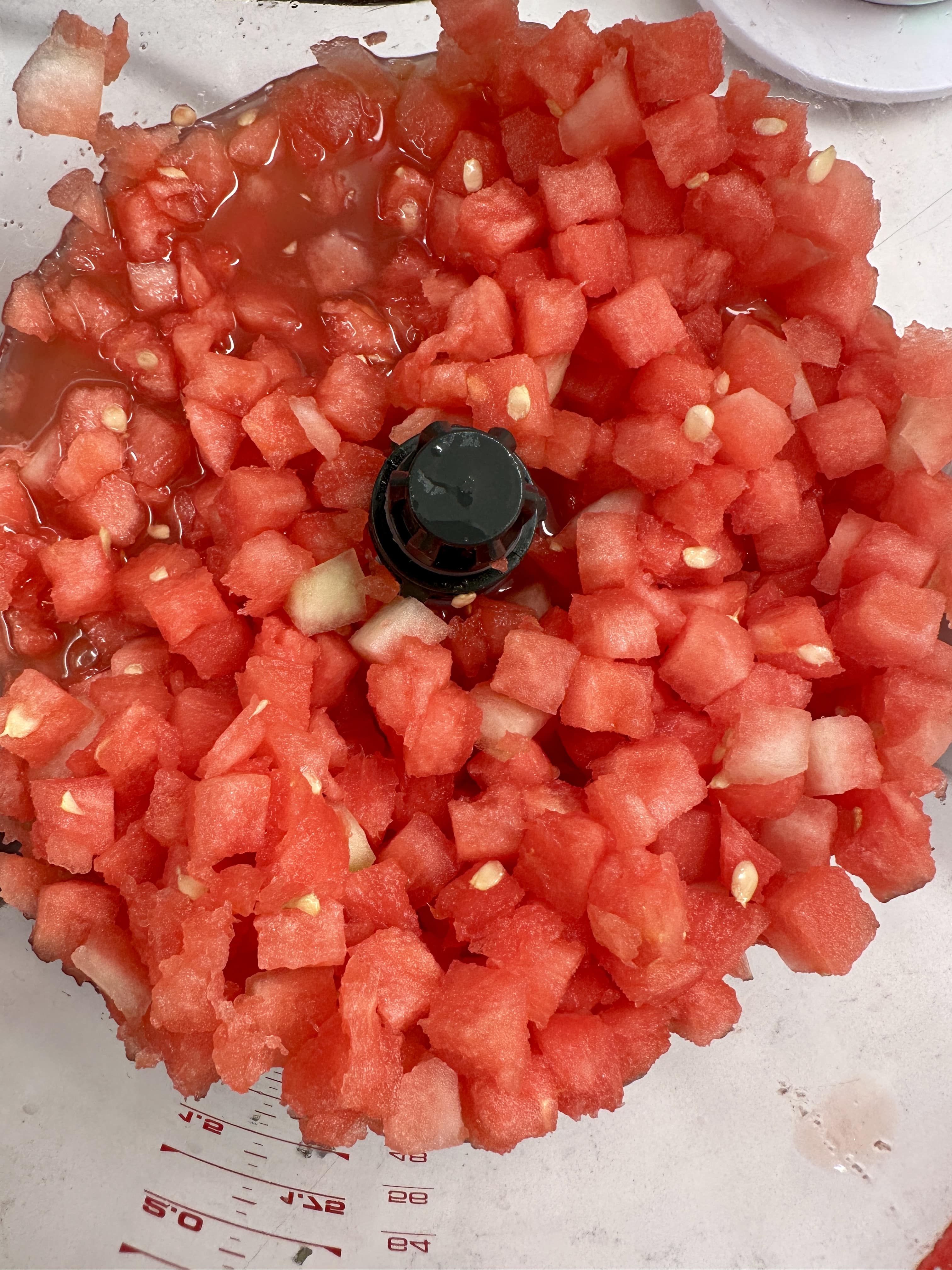 Chopped watermelon inside food processor